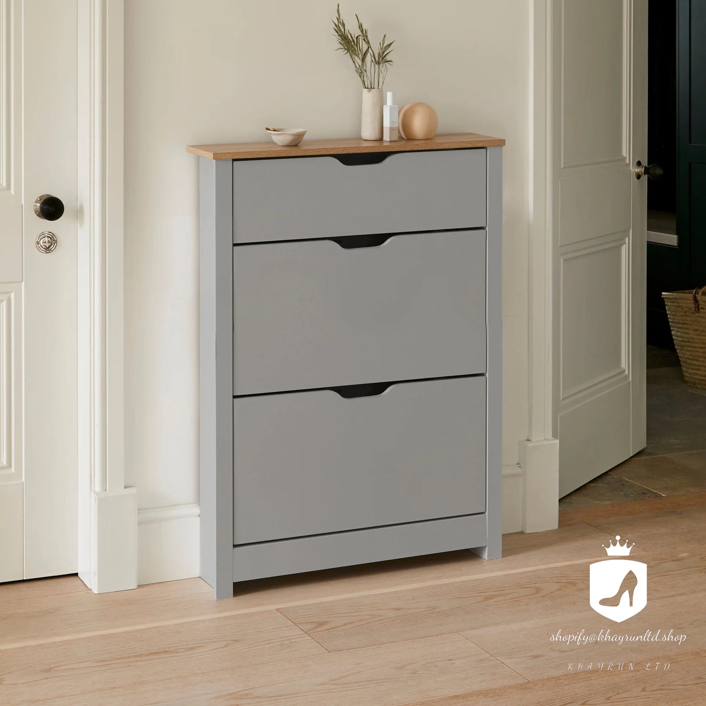 KHAYRUN Windsor Shoe Cabinet - 3 Door - Grey