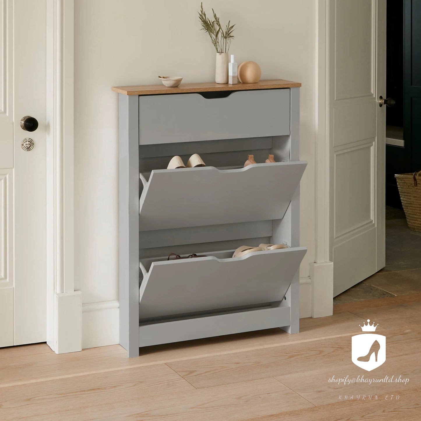 KHAYRUN Windsor Shoe Cabinet - 3 Door - Grey