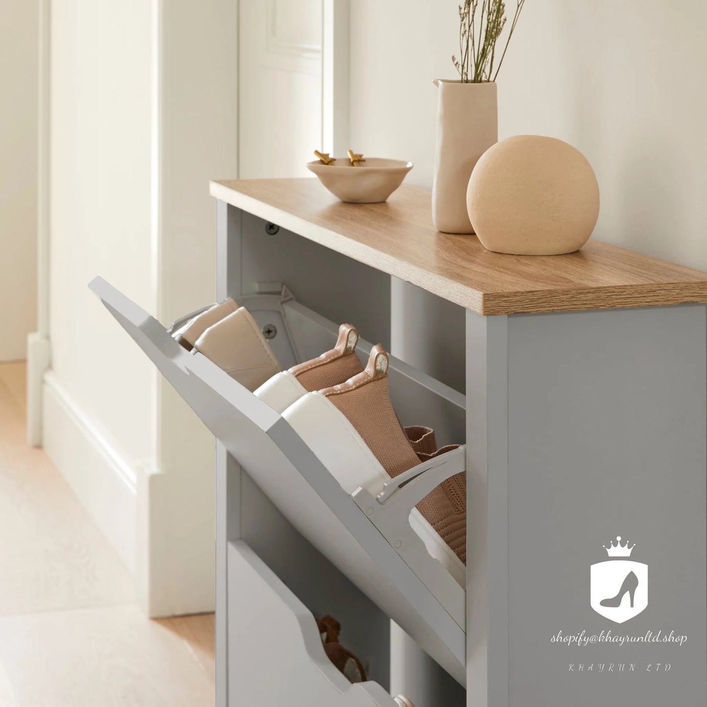 KHAYRUN Windsor Shoe Cabinet - 3 Door - Grey