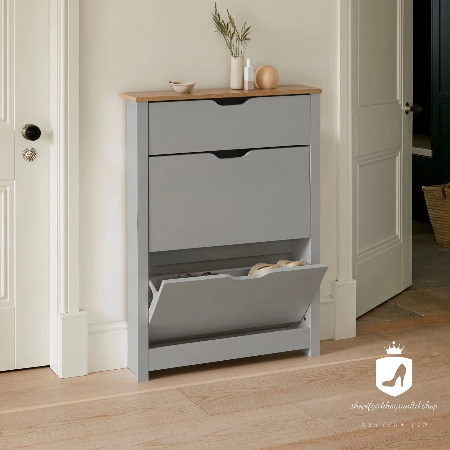 KHAYRUN Windsor Shoe Cabinet - 3 Door - Grey
